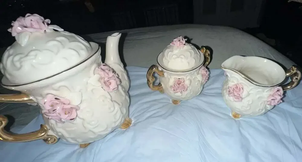 Vintage Cracker Barrel 3-Piece Porcelain Tea Set with Pink Roses and Gold Trim